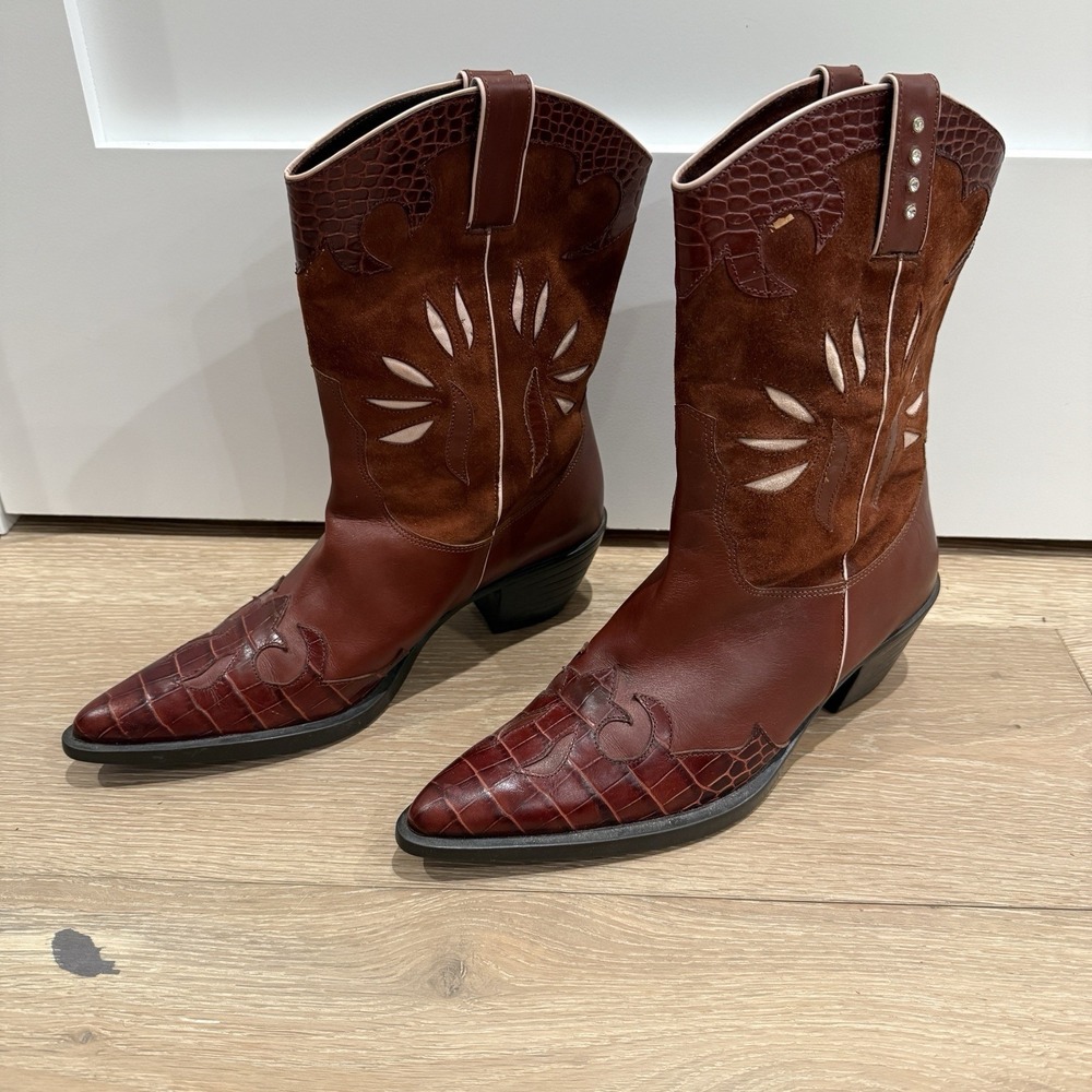 Van Eli Jeska Womens Western Boots Leather/Suede Mid Calf Pull Tab W/ Rhinestone - Picture 3 of 7